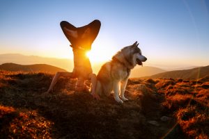 man doing headstand with dog by him